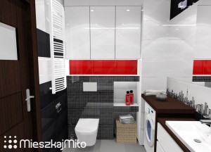 łazienka biało czarno czerwona